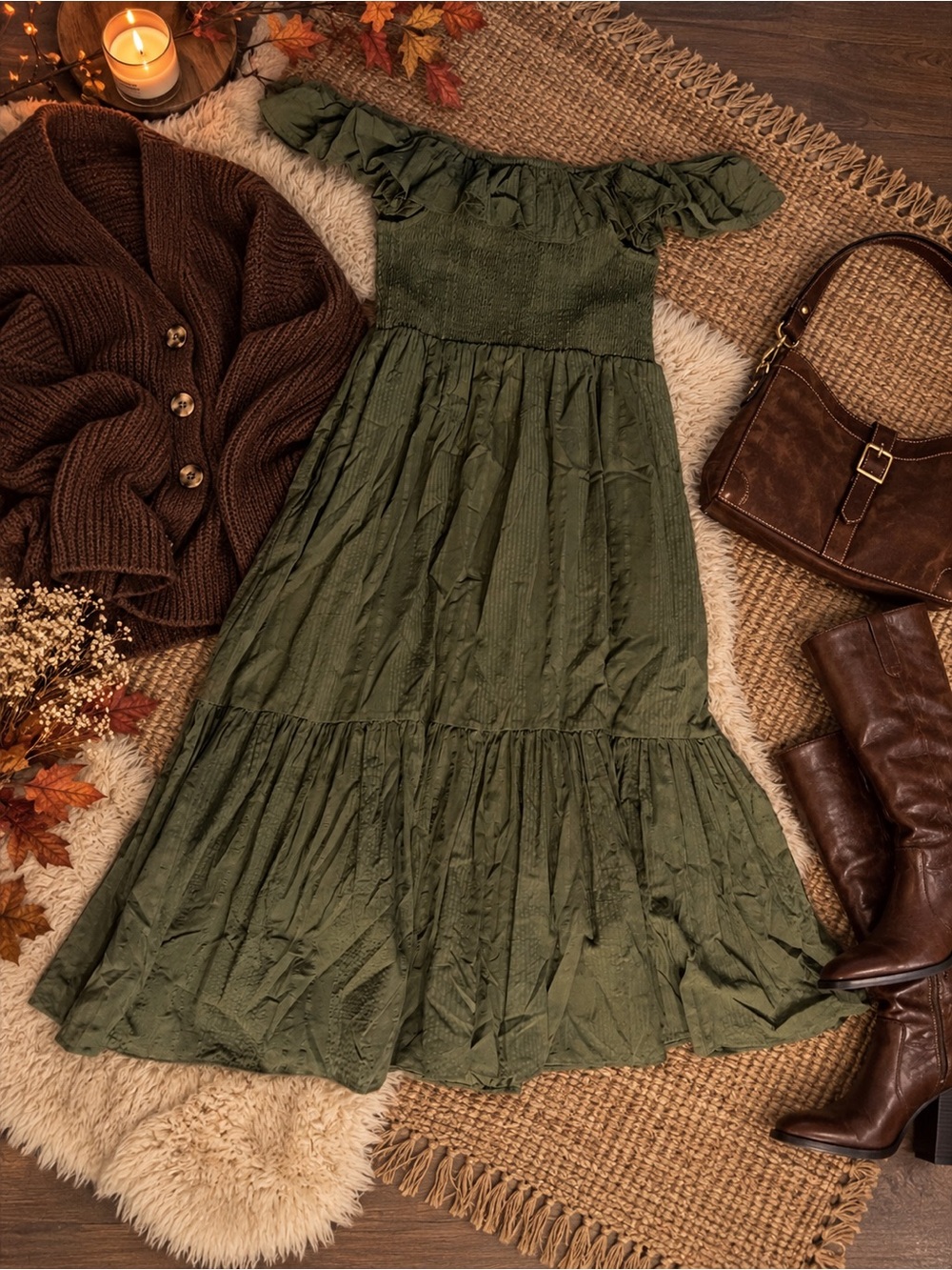 Dotti Olive Green Off-Shoulder Maxi Dress